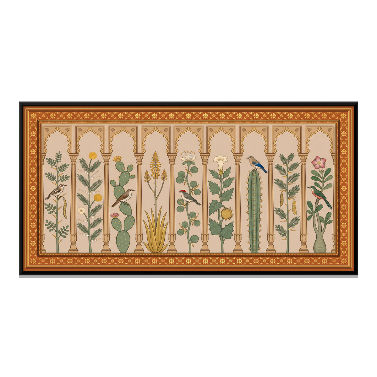 Desert Plants and Birds Under Arches - framed canvas print, front view