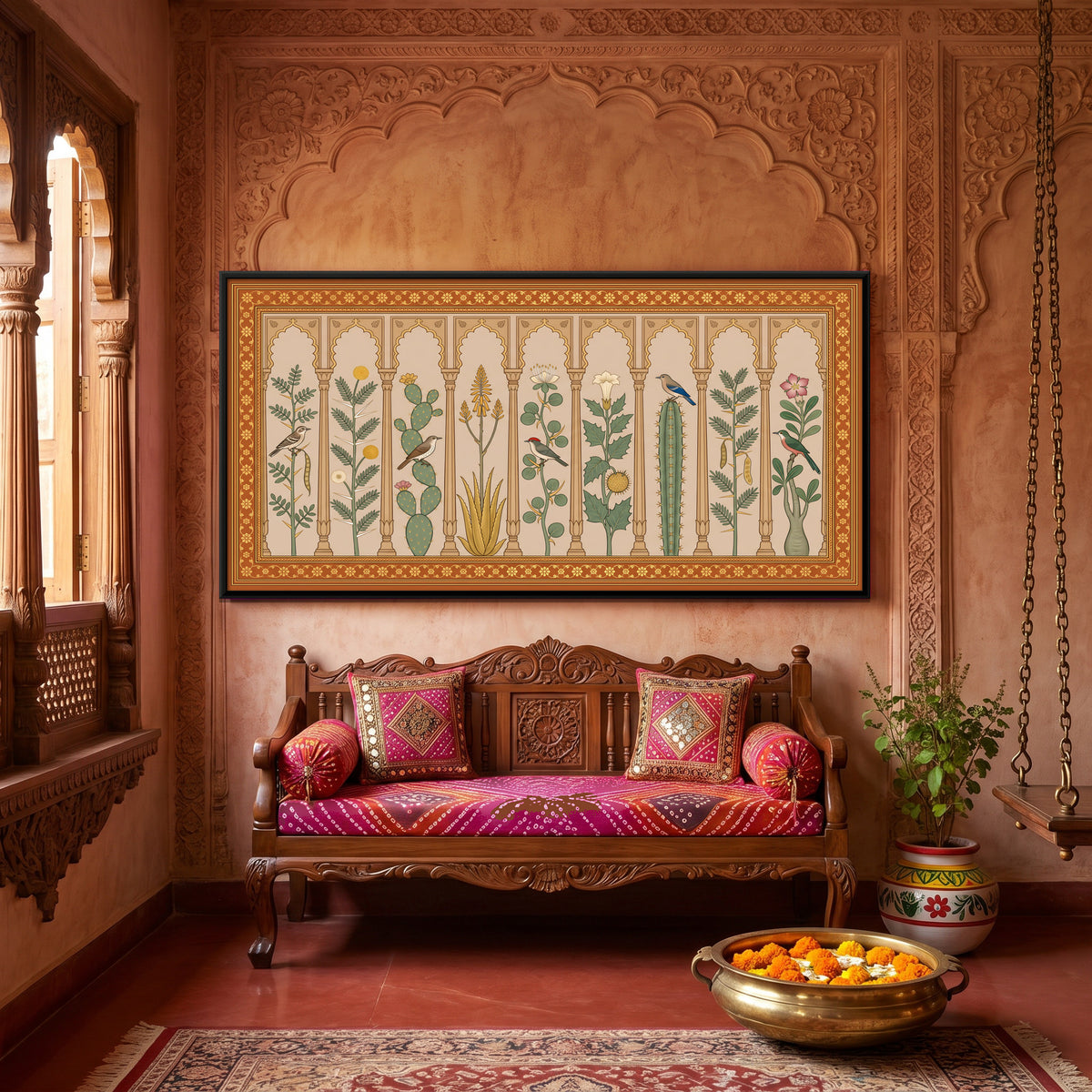 Desert Plants and Birds Under Arches - canvas art shown in a styled room