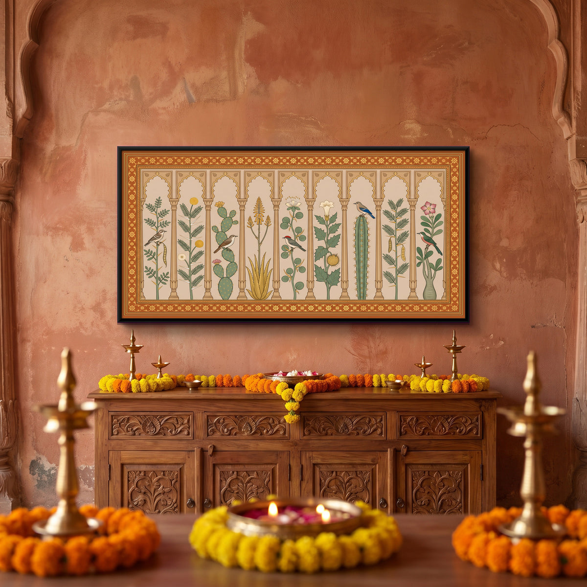 Desert Plants and Birds Under Arches - canvas art shown in a second room setting