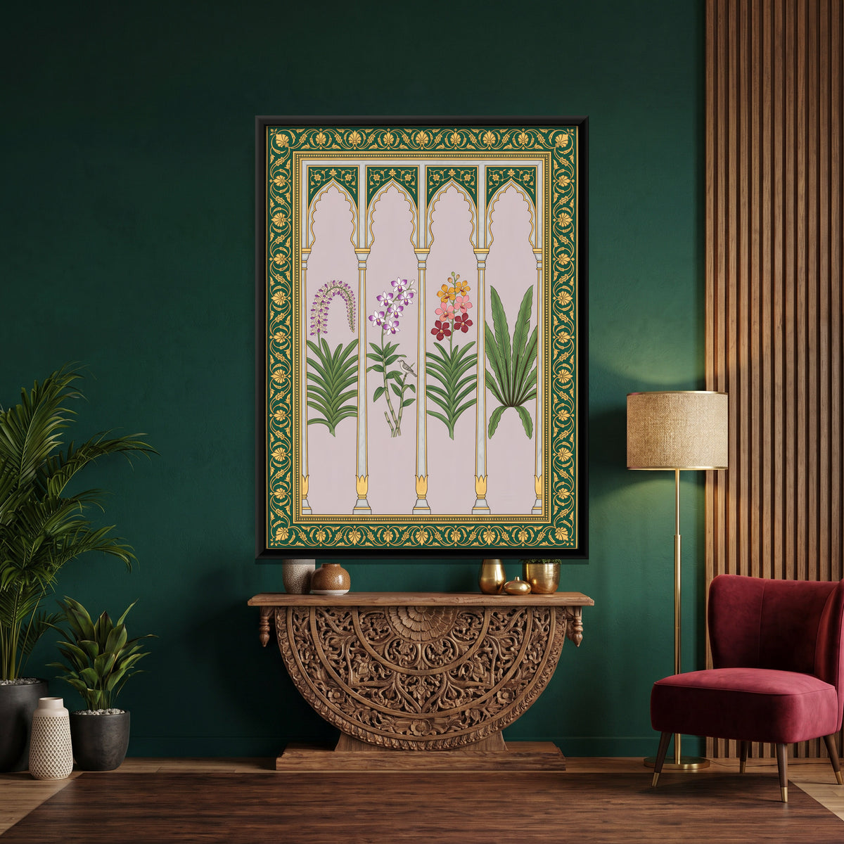 Orchids in Arched Niches - canvas art shown in a styled room