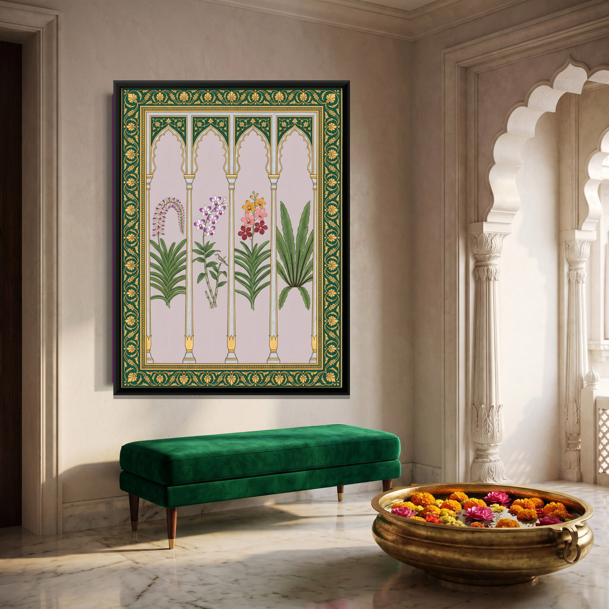 Orchids in Arched Niches - canvas art shown in a second room setting