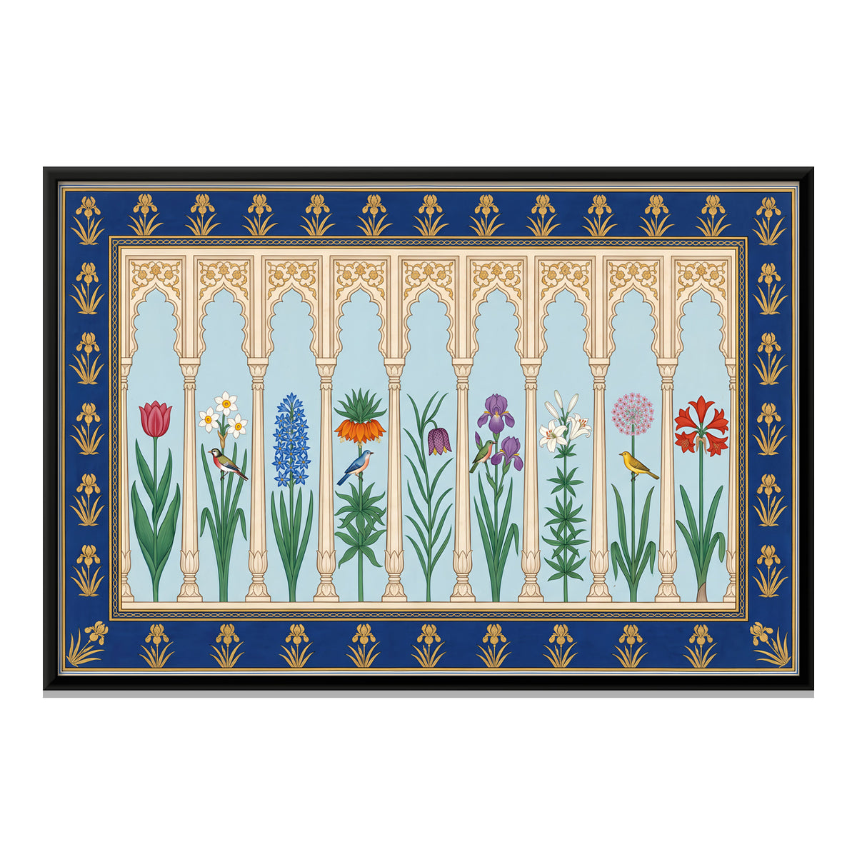 Tulips and Irises in an Arcade - framed canvas print, front view