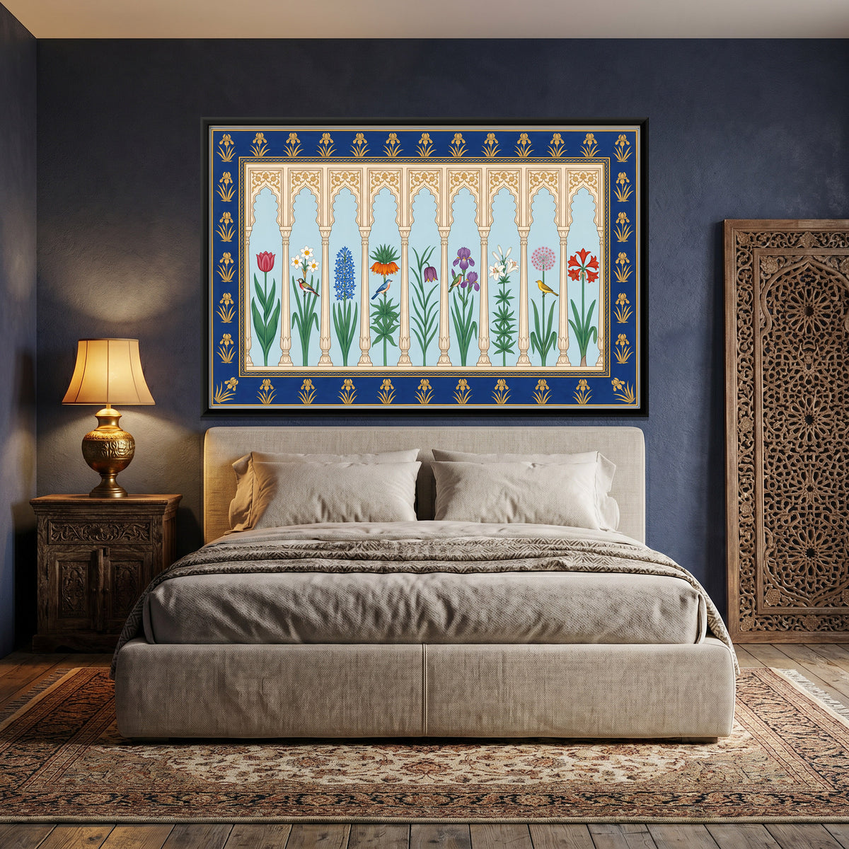 Tulips and Irises in an Arcade - canvas art shown in a second room setting