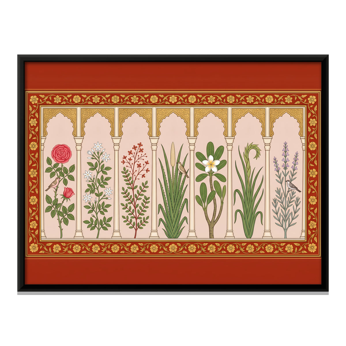 Seven Flowering Plants in Arched Niches - framed canvas print, front view