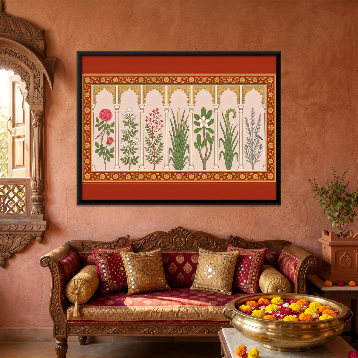 Seven Flowering Plants in Arched Niches - canvas art shown in a styled room
