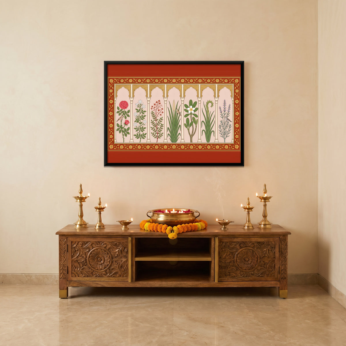 Seven Flowering Plants in Arched Niches - canvas art shown in a second room setting