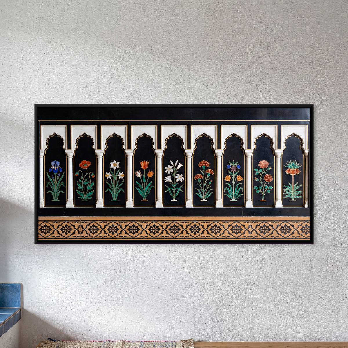 Inlaid Marble Flower Panels - framed canvas art hung on a wall