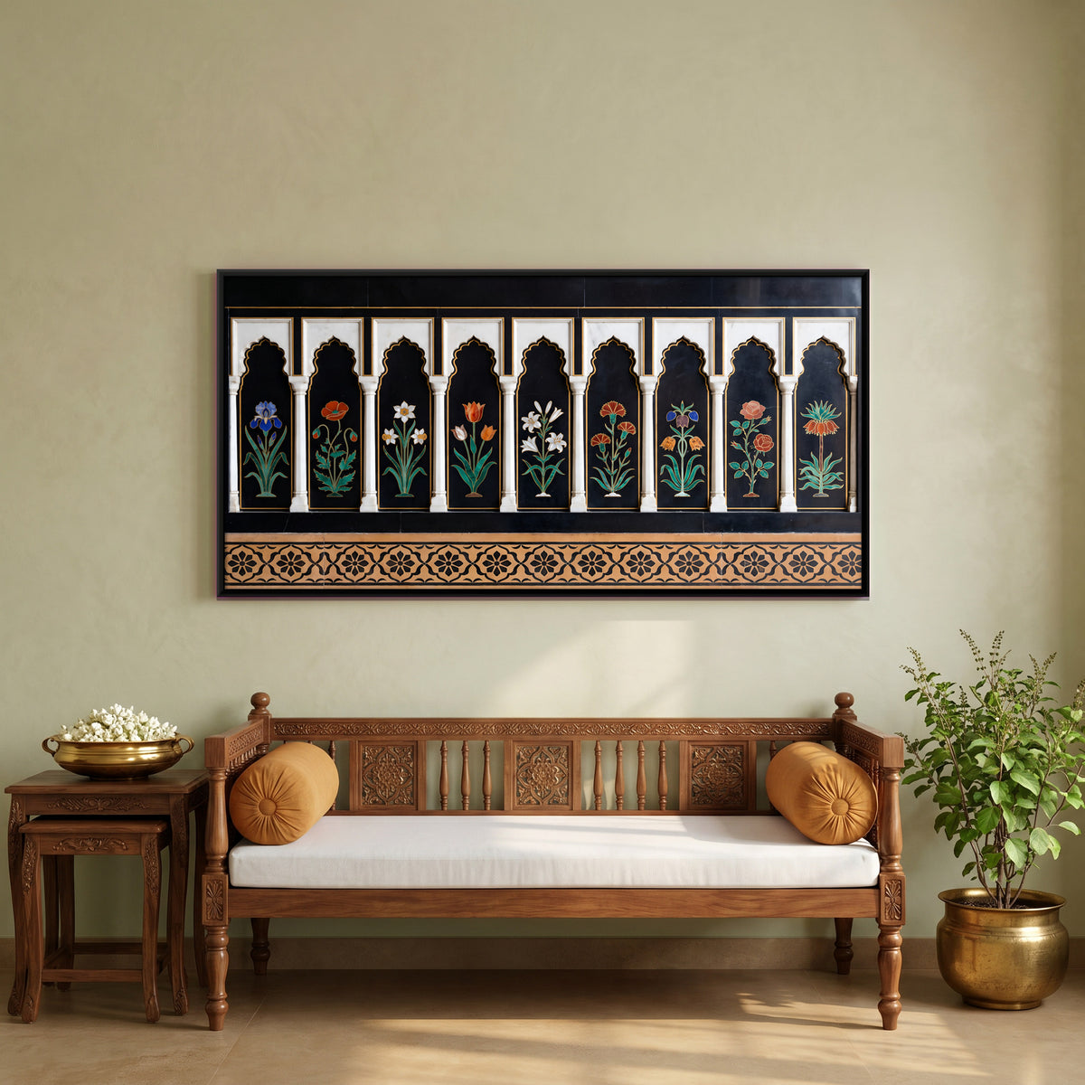 Inlaid Marble Flower Panels - canvas art shown in a second room setting