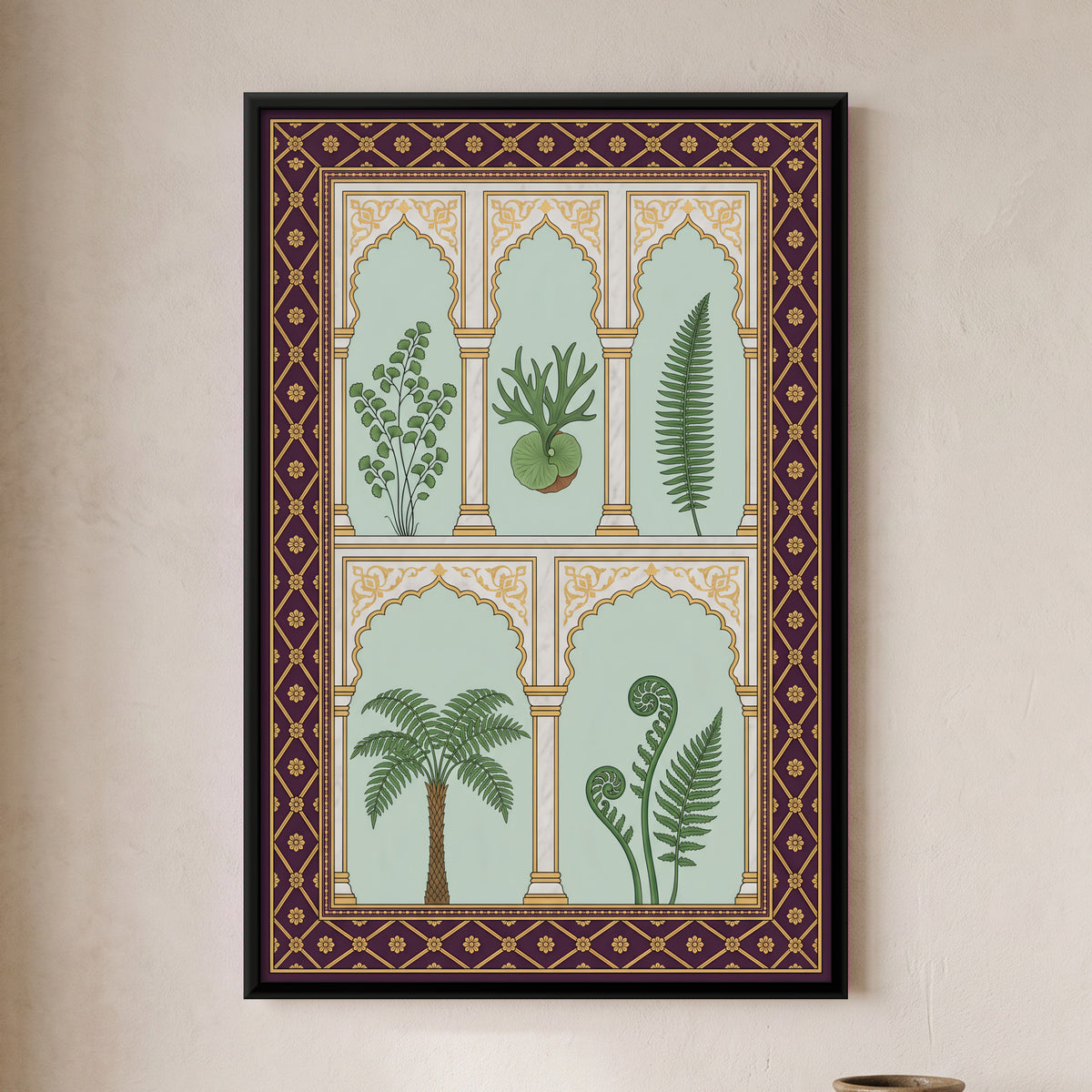 Ferns and Palms in an Arcade - framed canvas art hung on a wall