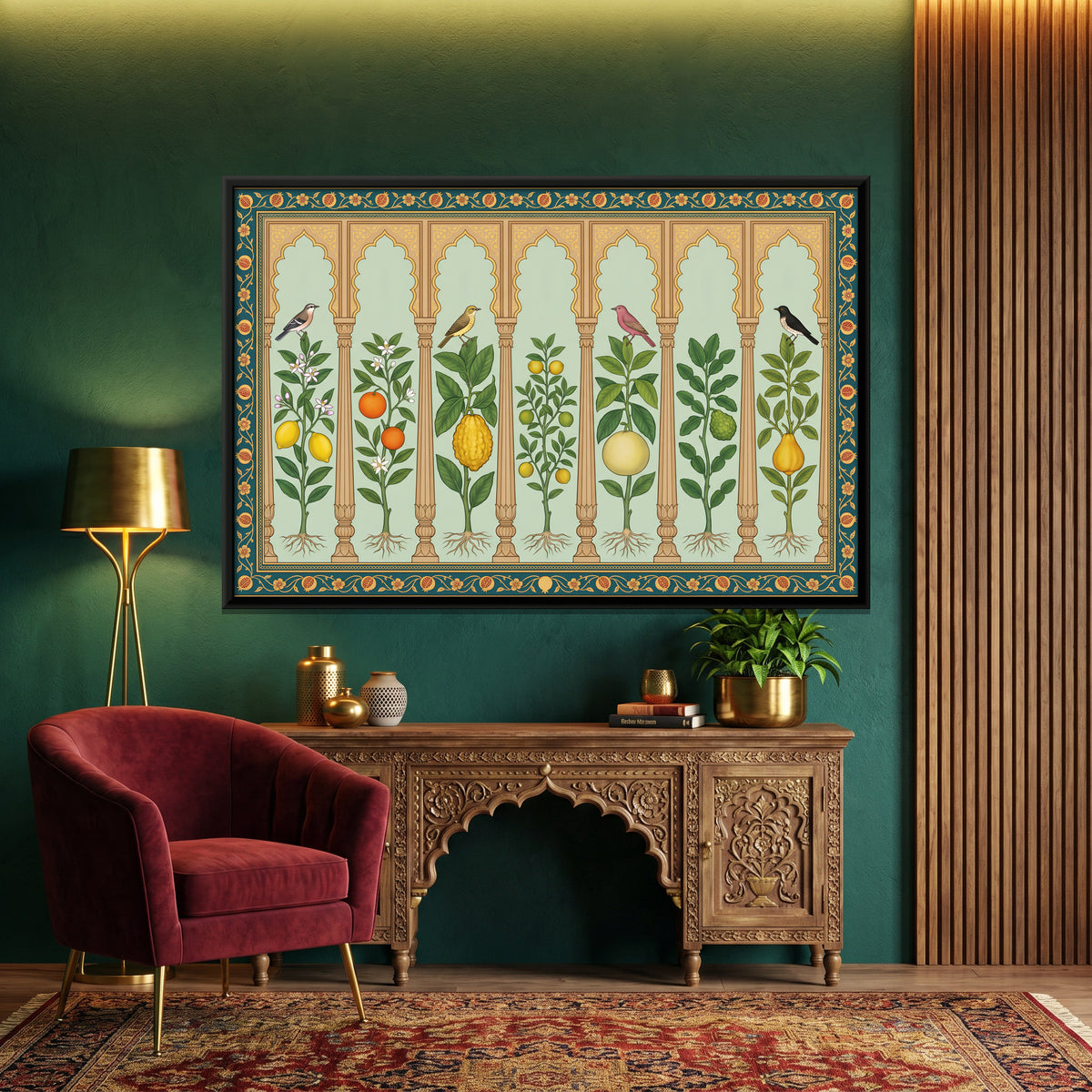 Citrus Trees in Arched Niches - canvas art shown in a styled room