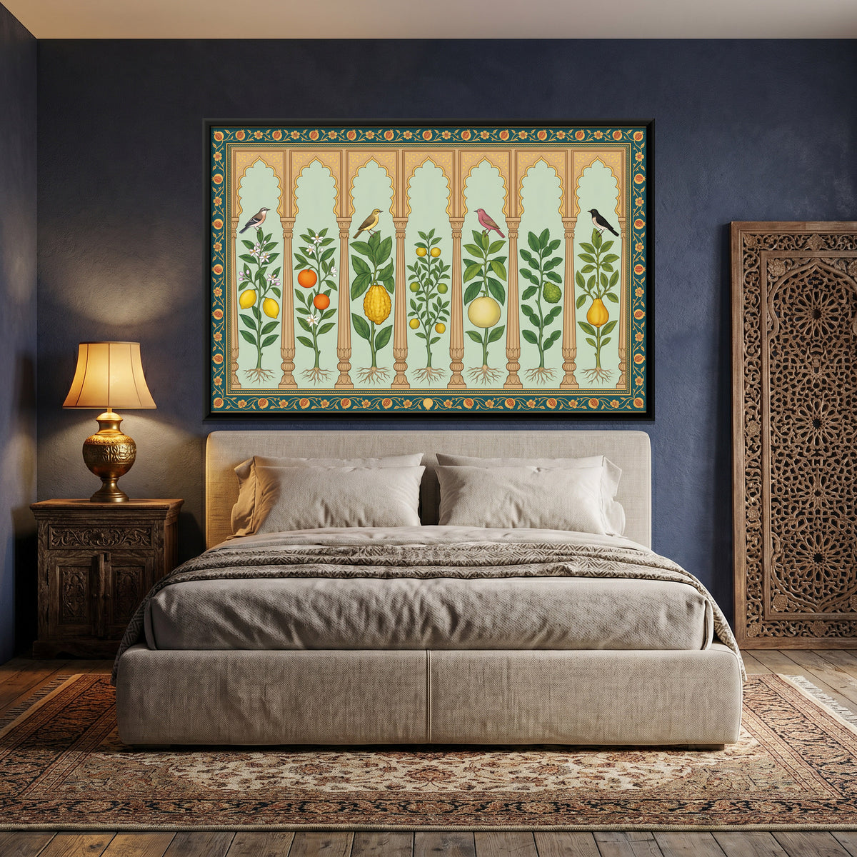 Citrus Trees in Arched Niches - canvas art shown in a second room setting