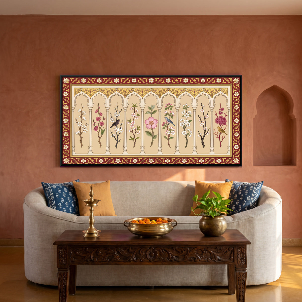 Blossom Branches in an Arcade - canvas art shown in a styled room