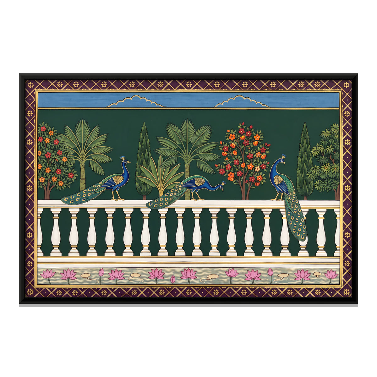 Peacocks on a Marble Balustrade - framed canvas print, front view