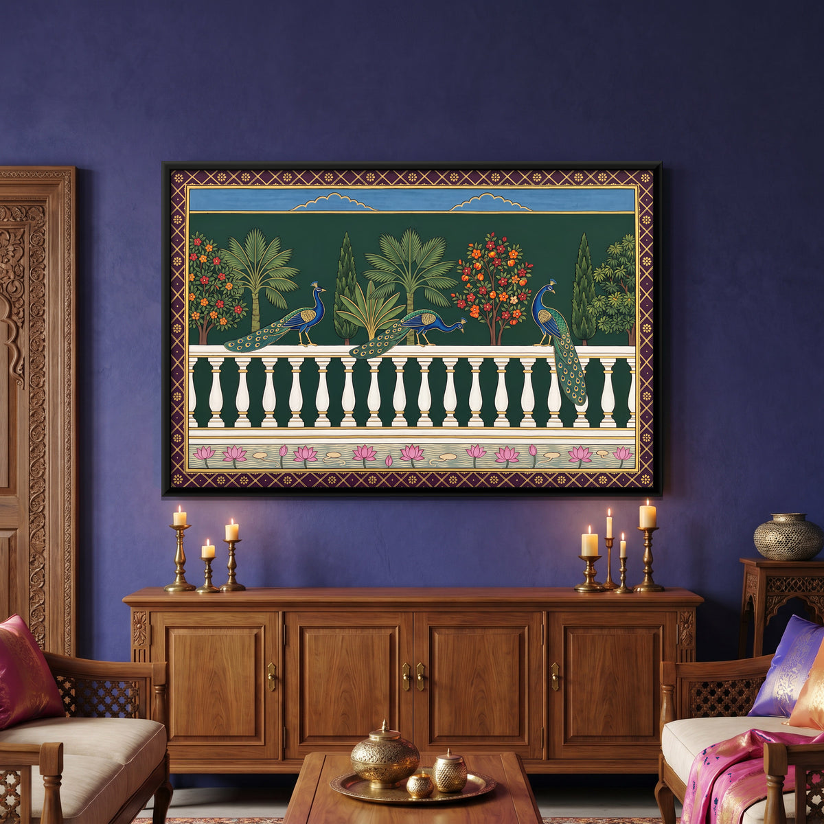 Peacocks on a Marble Balustrade - canvas art shown in a styled room