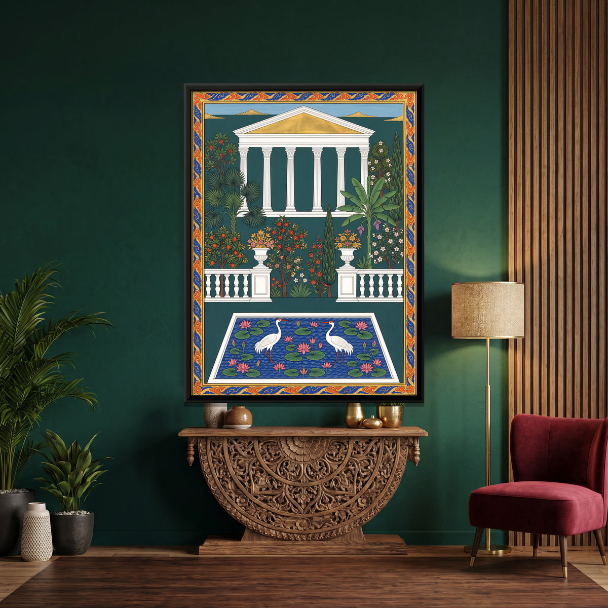 Cranes in a Lotus Pool - canvas art shown in a styled room