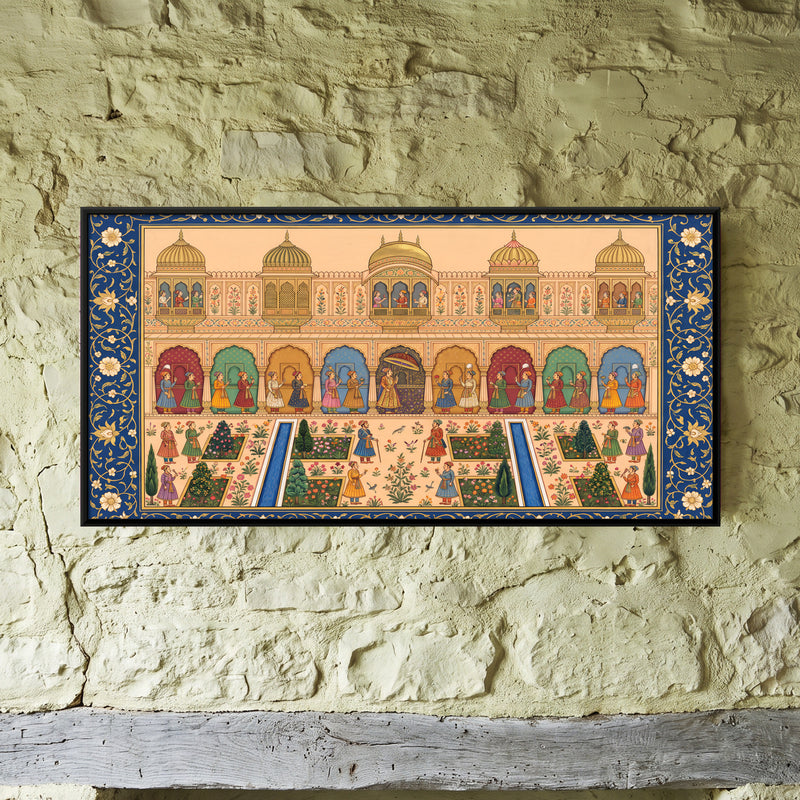 Palace Facade and Garden - framed canvas art hung on a wall