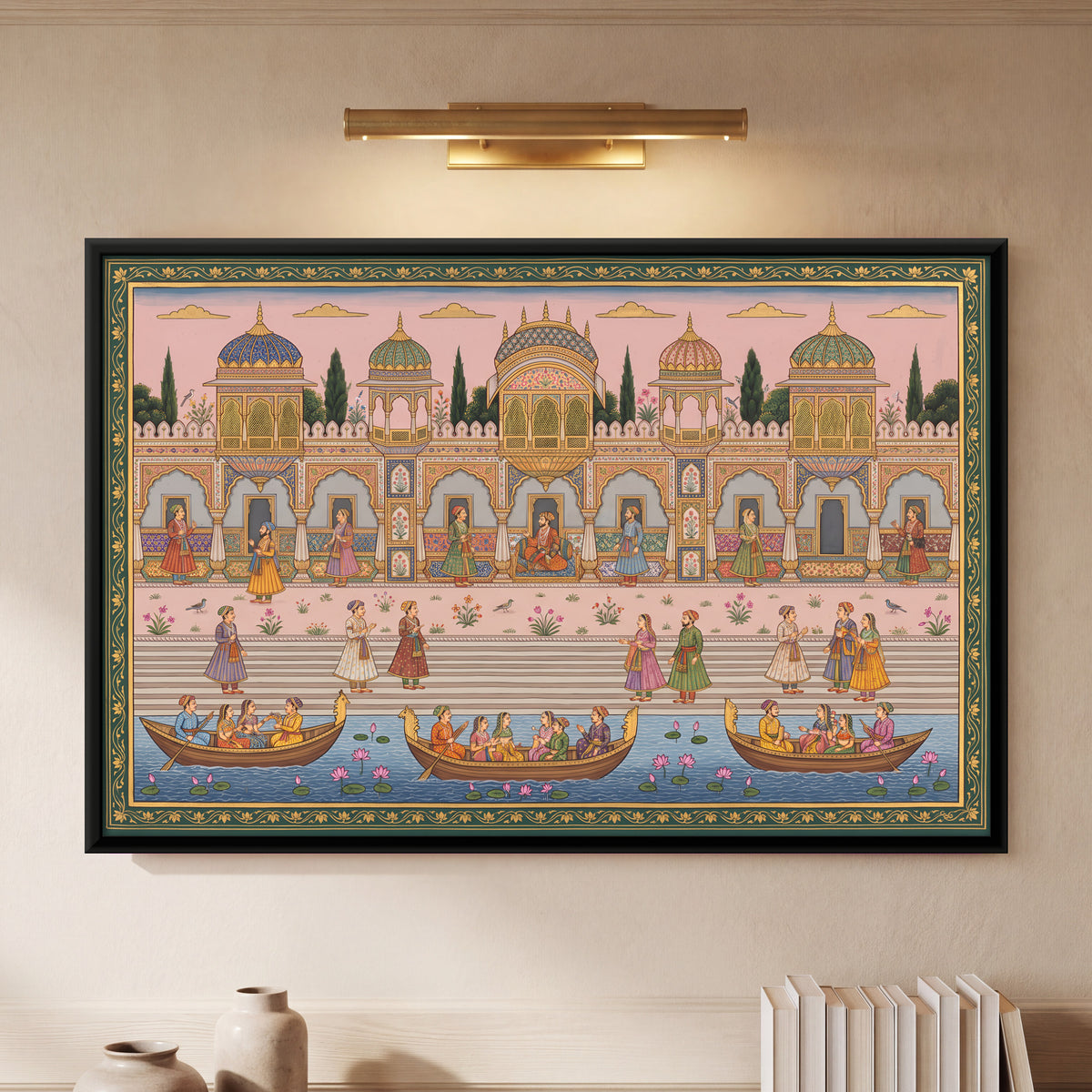Palace Ghat with Boats - framed canvas art hung on a wall