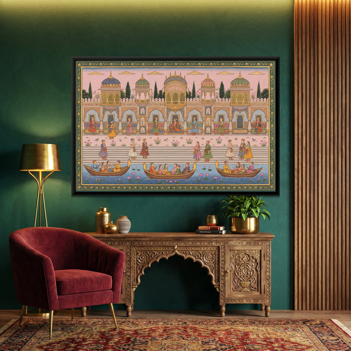 Palace Ghat with Boats - canvas art shown in a styled room