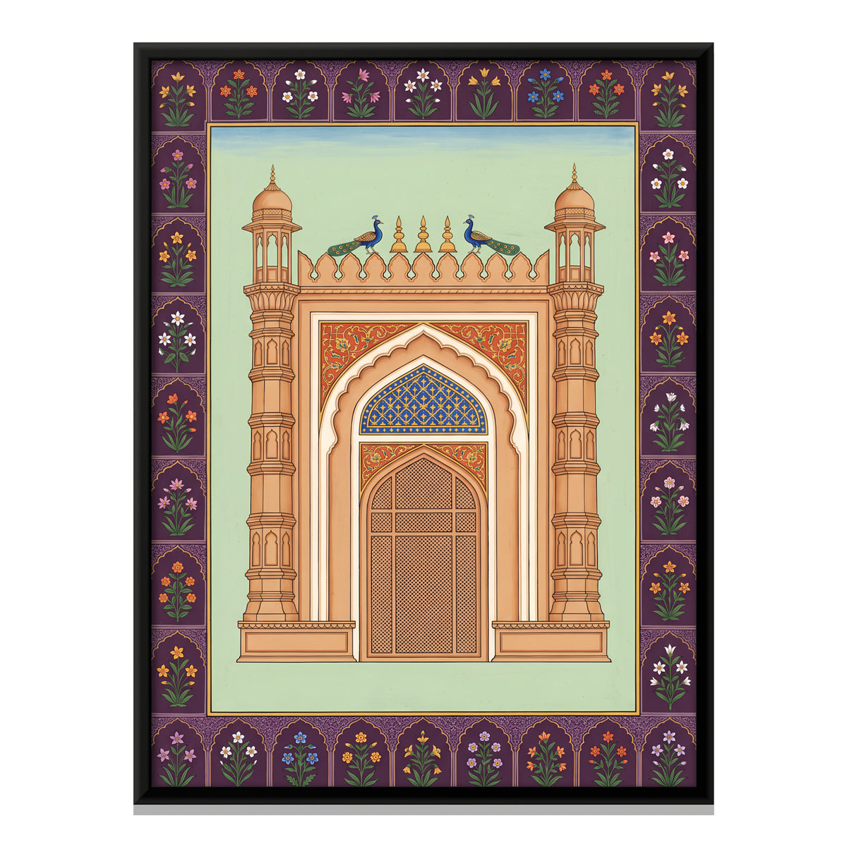 Palace Gateway with Peacocks - framed canvas print, front view
