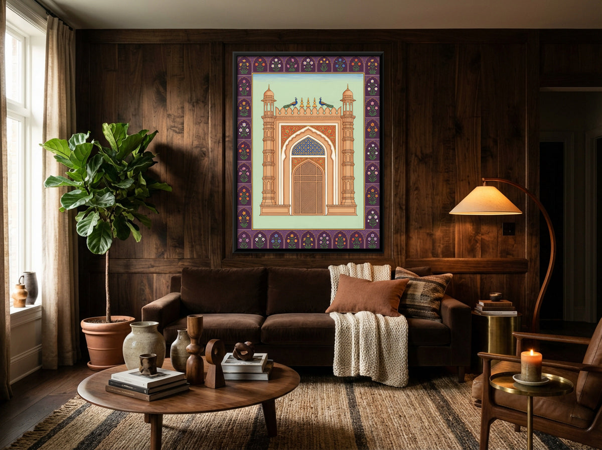 Palace Gateway with Peacocks - canvas art shown in a styled room