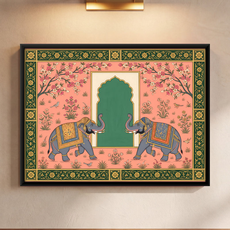 Elephants Facing an Archway - framed canvas art hung on a wall