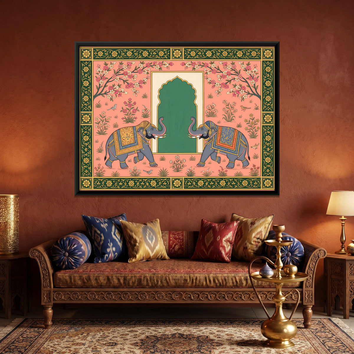 Elephants Facing an Archway - canvas art shown in a styled room
