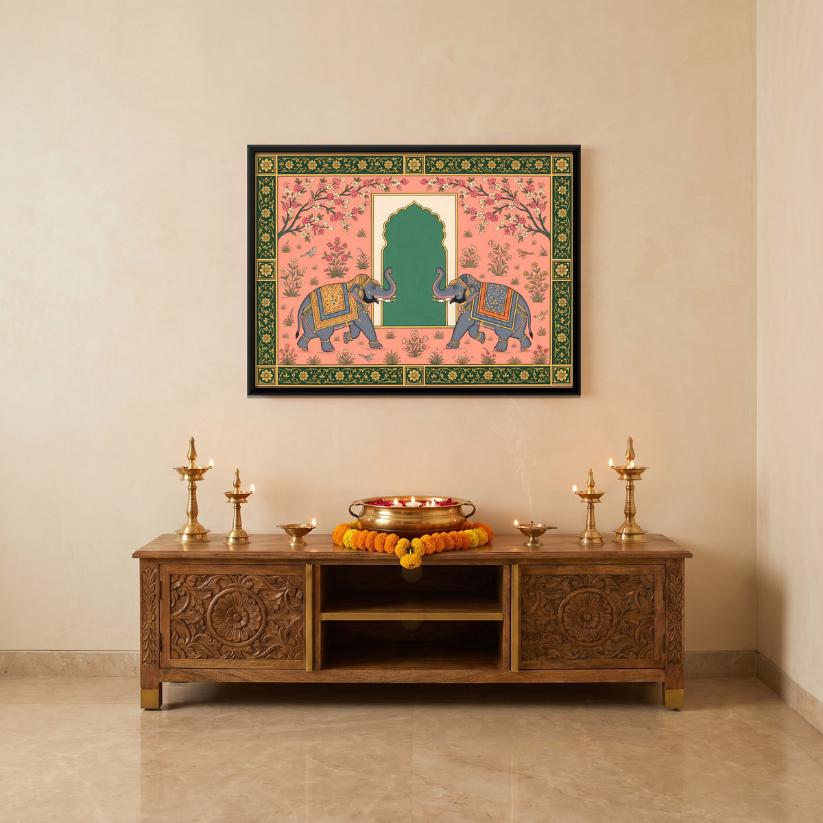 Elephants Facing an Archway - canvas art shown in a second room setting