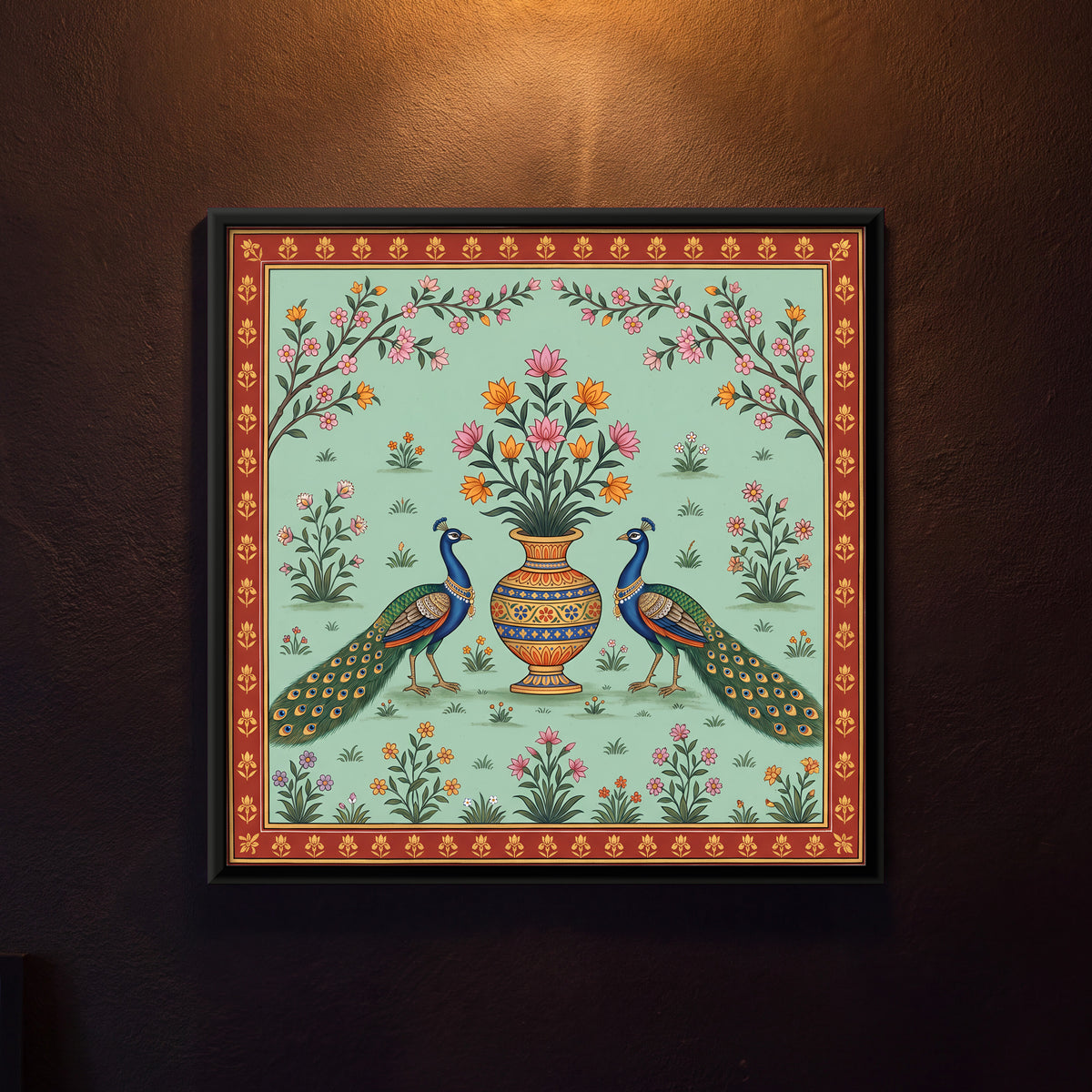 Peacocks Beside a Flower Vase - framed canvas art hung on a wall