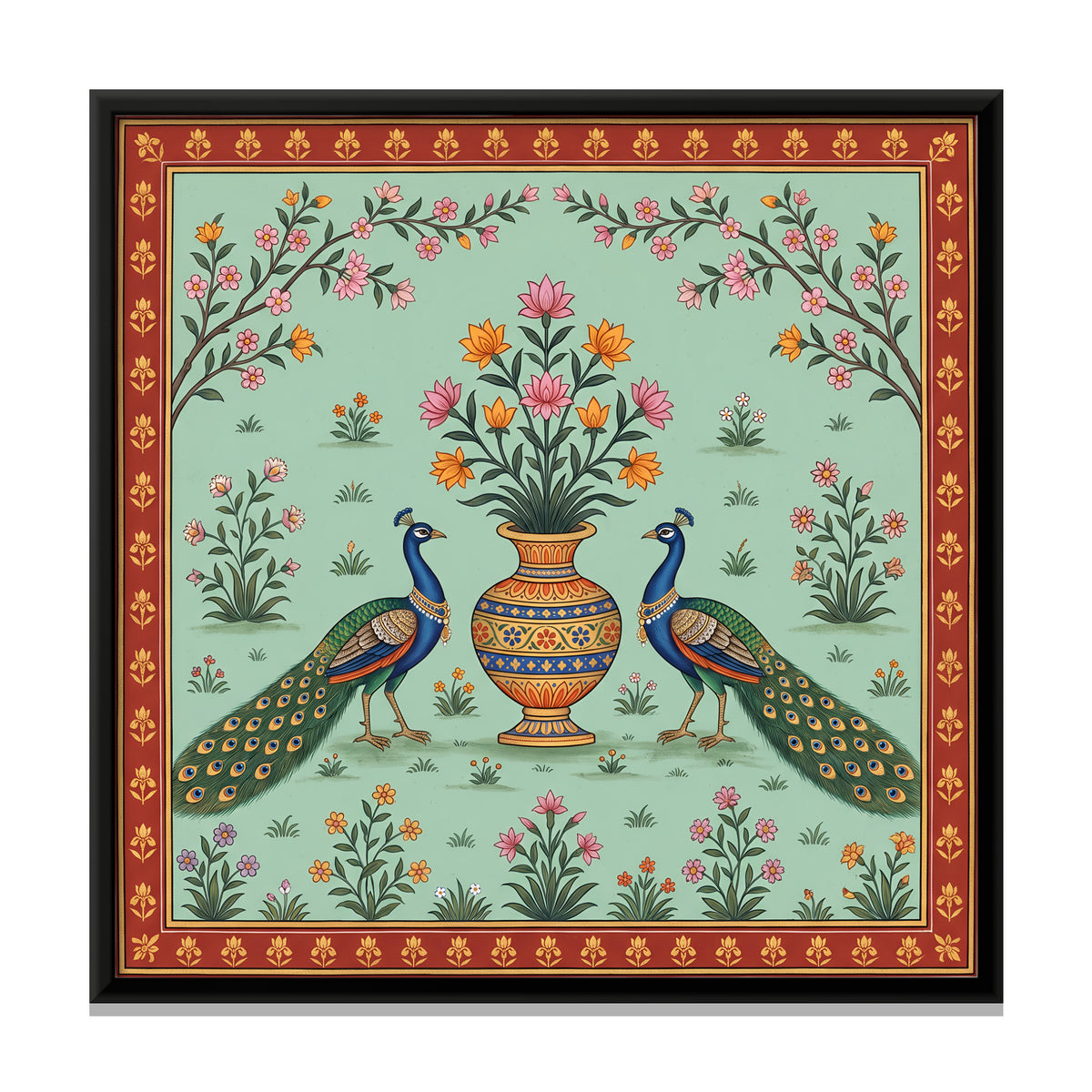 Peacocks Beside a Flower Vase - framed canvas print, front view