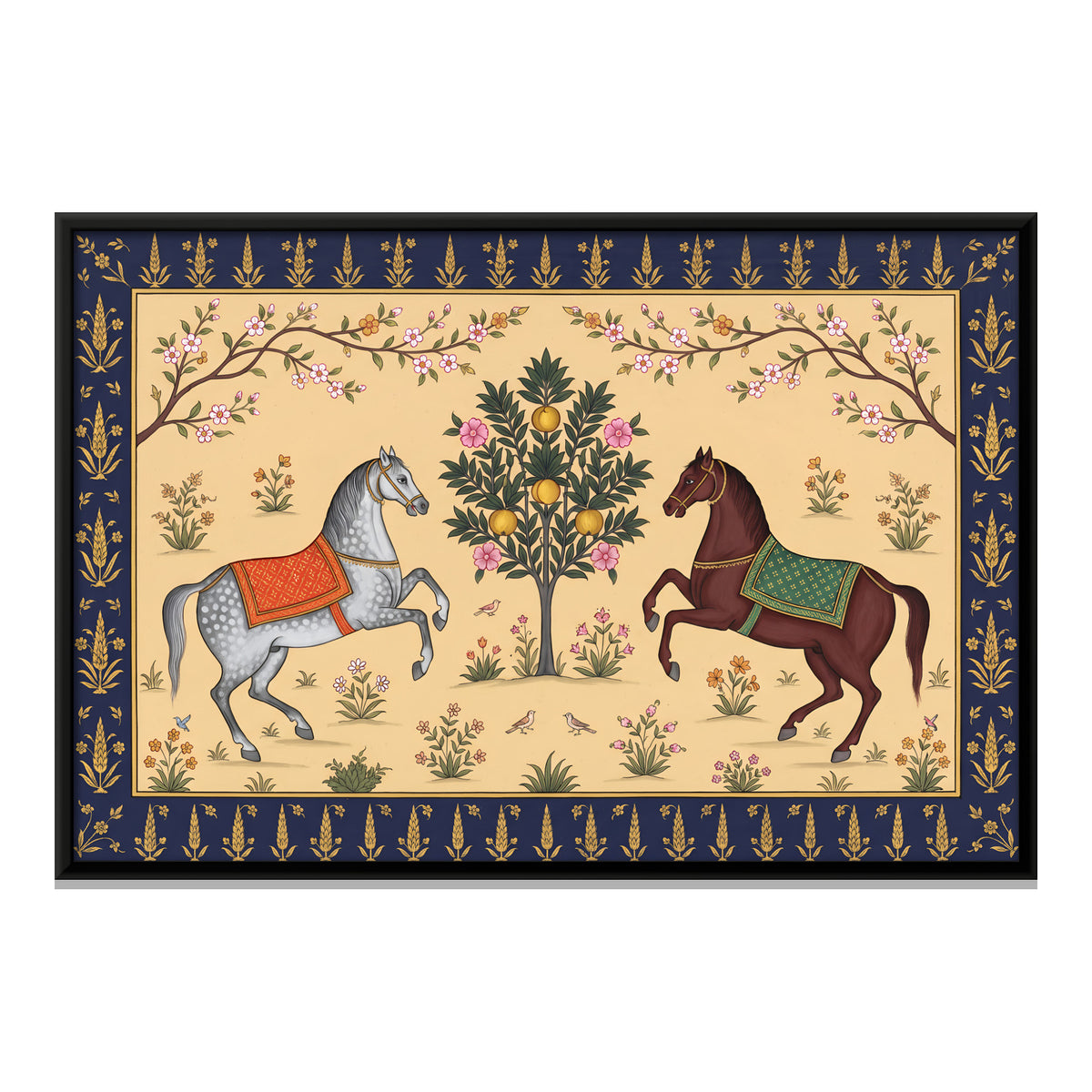 Two Horses Beside a Fruit Tree - framed canvas print, front view