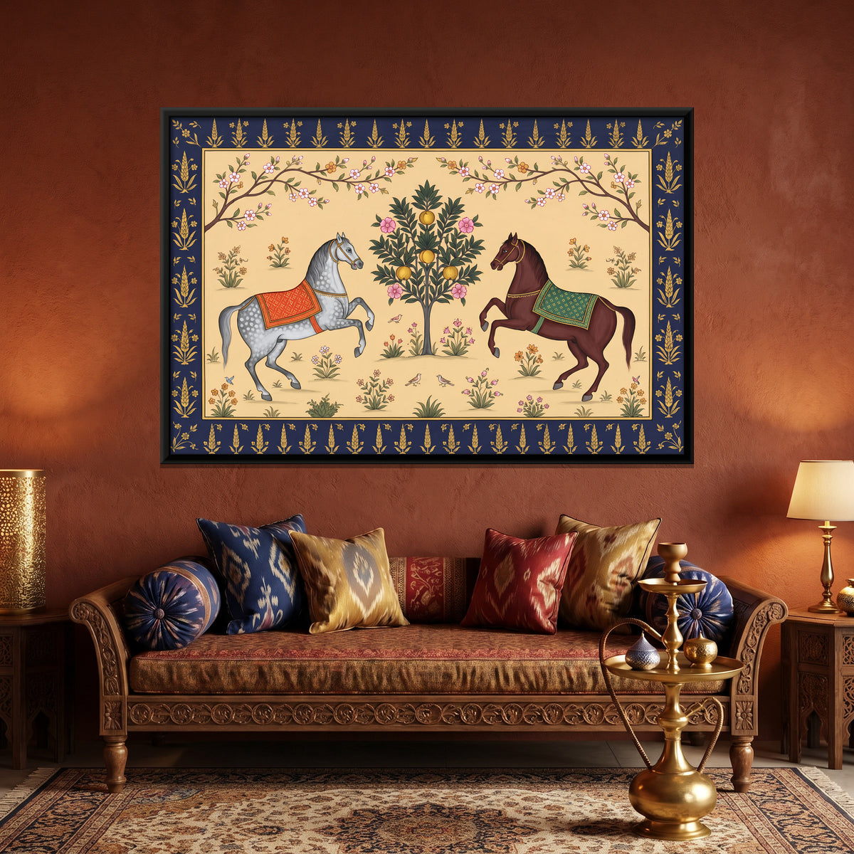Two Horses Beside a Fruit Tree - canvas art shown in a styled room