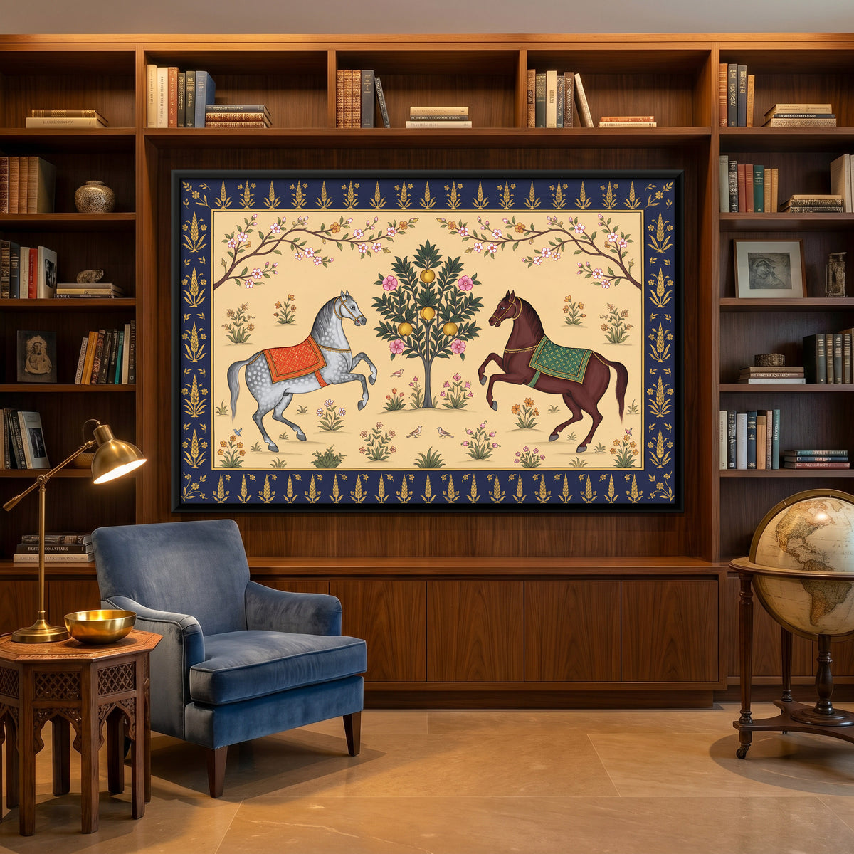 Two Horses Beside a Fruit Tree - canvas art shown in a second room setting