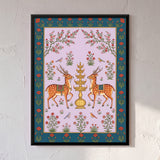 Two Deer Beside a Tiered Lit Oil Lamp