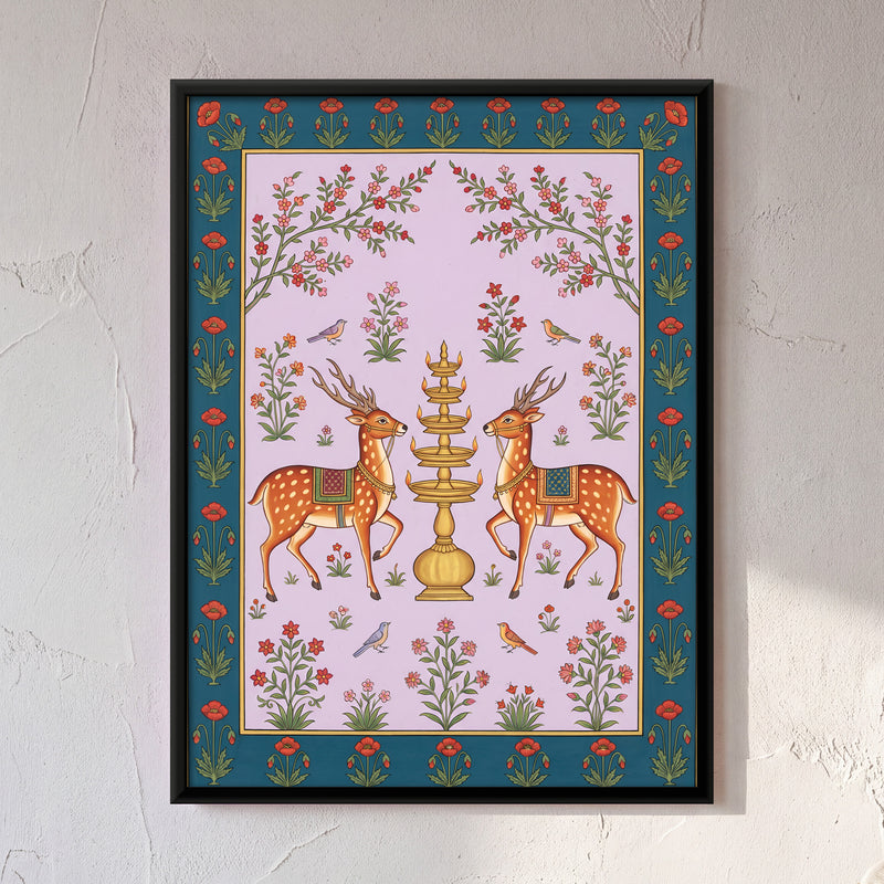 Deer Beside a Tiered Oil Lamp - framed canvas art hung on a wall