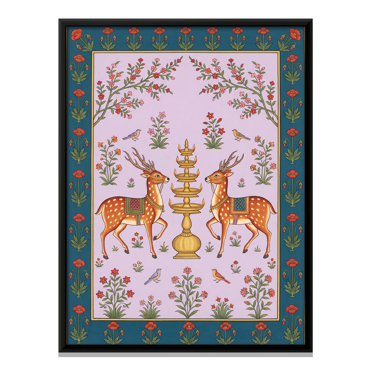 Deer Beside a Tiered Oil Lamp - framed canvas print, front view