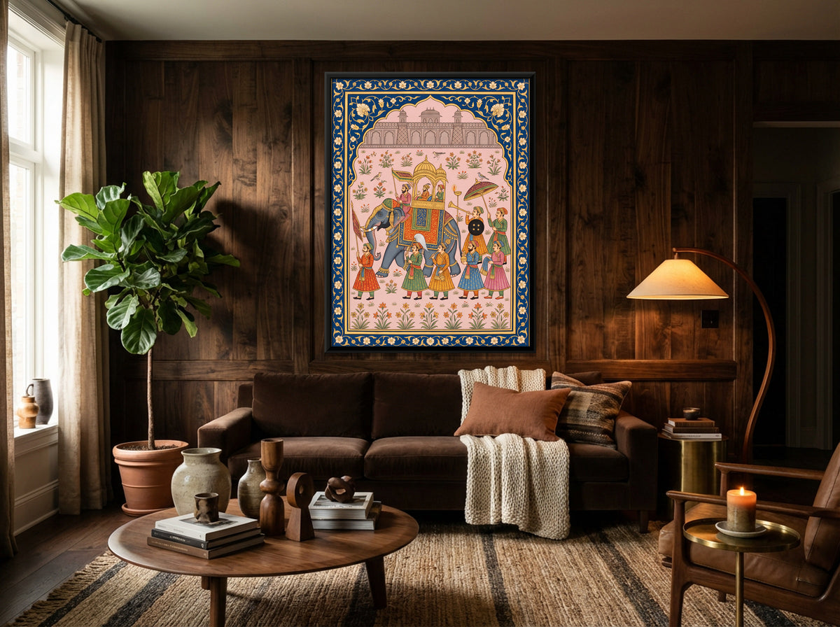 Royal Elephant Procession - canvas art shown in a styled room