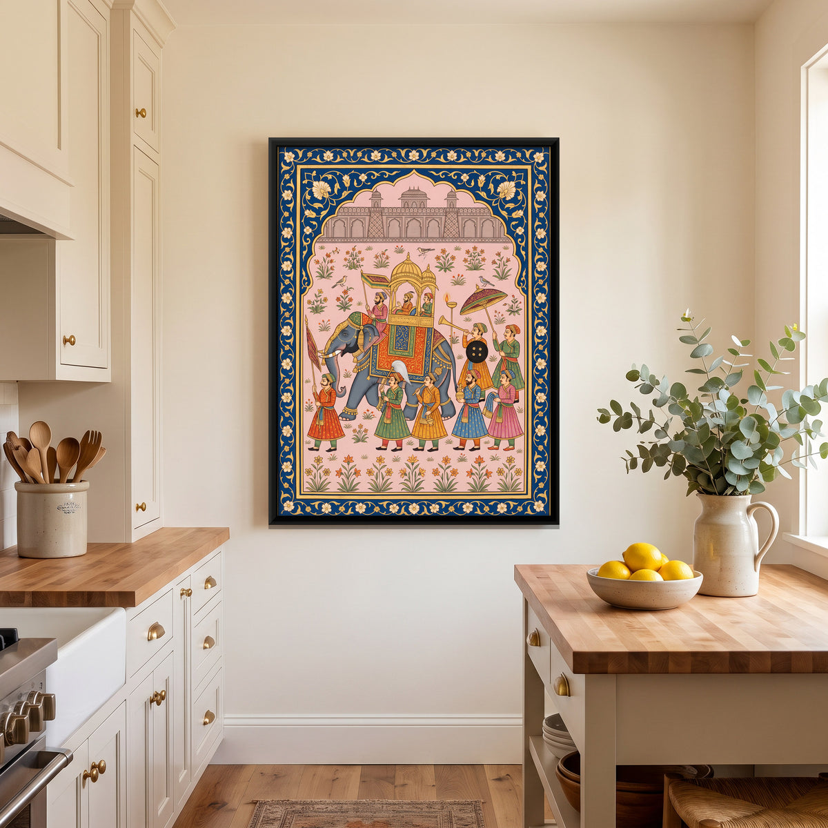 Royal Elephant Procession - canvas art shown in a second room setting