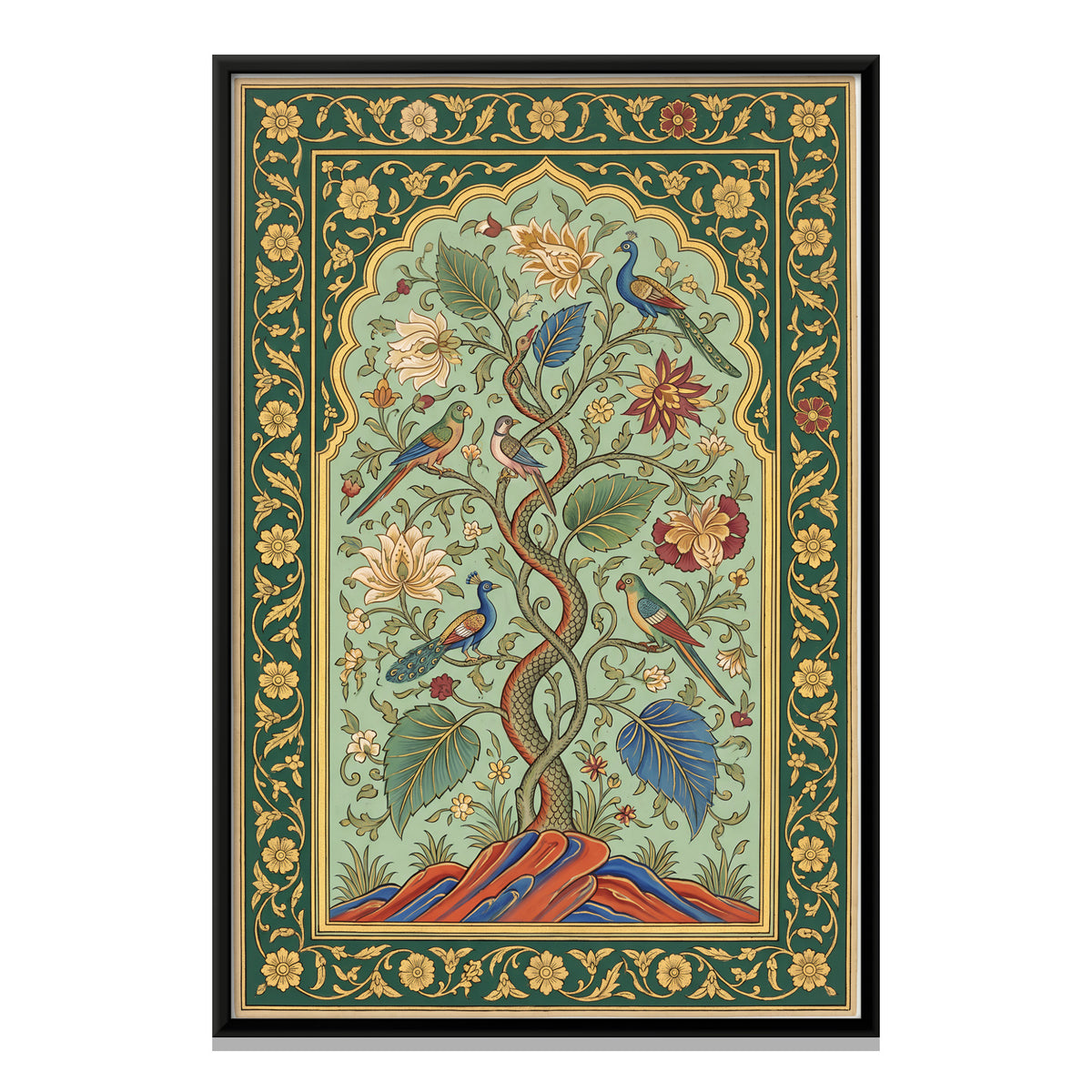 Tree of Life with Birds - framed canvas print, front view