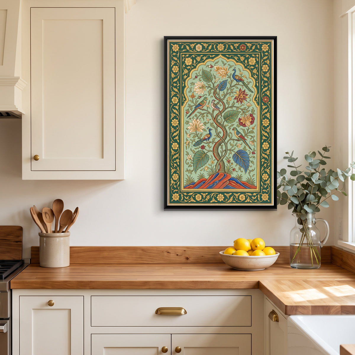 Tree of Life with Birds - canvas art shown in a second room setting
