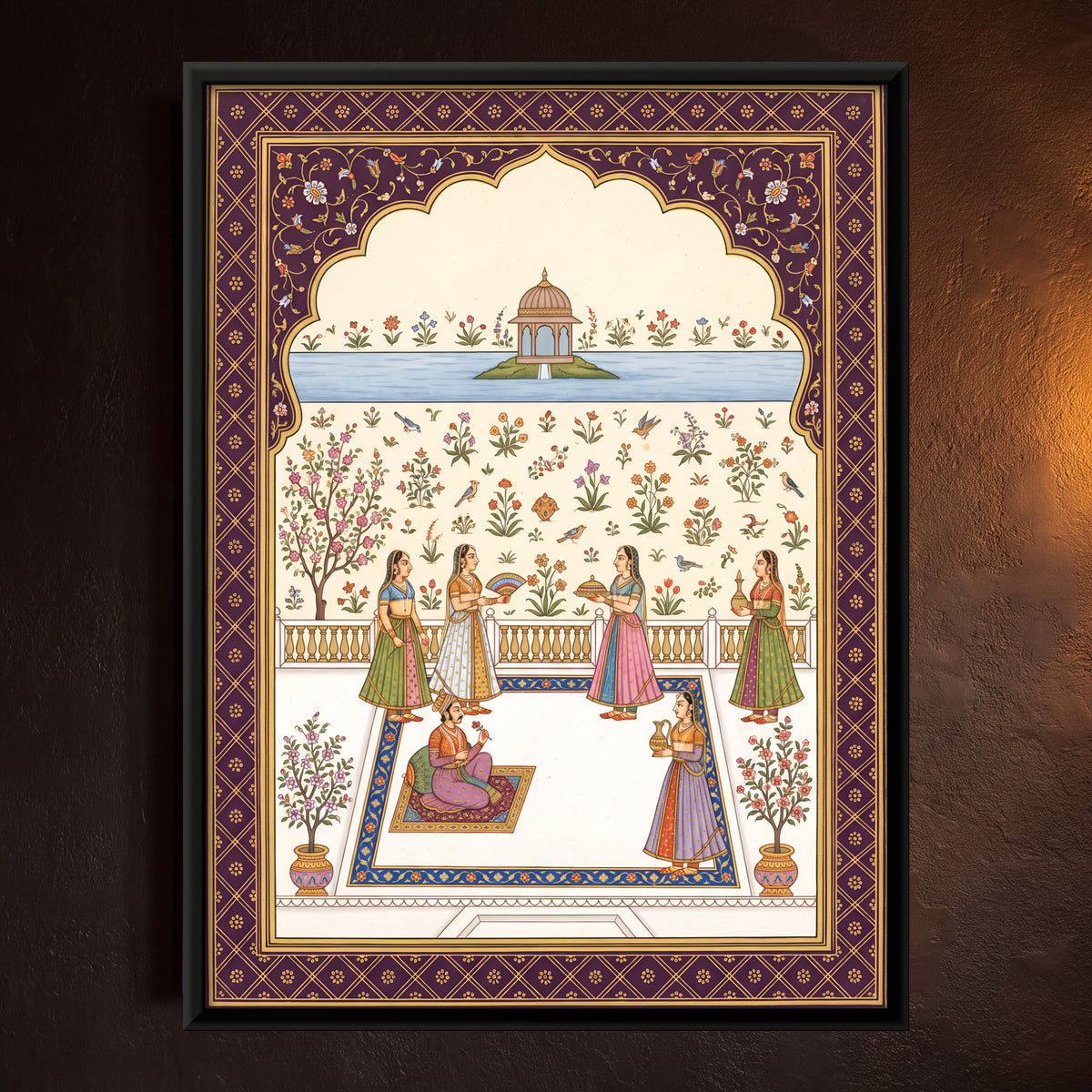 Prince and Attendants on a Terrace - framed canvas art hung on a wall