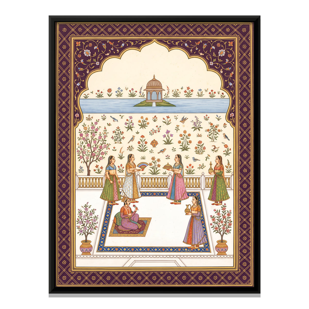 Prince and Attendants on a Terrace - framed canvas print, front view