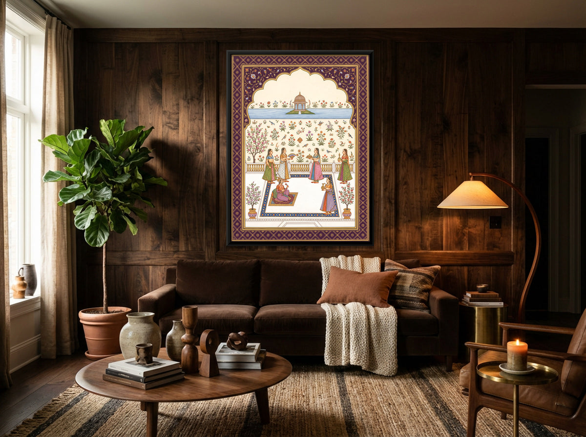Prince and Attendants on a Terrace - canvas art shown in a second room setting