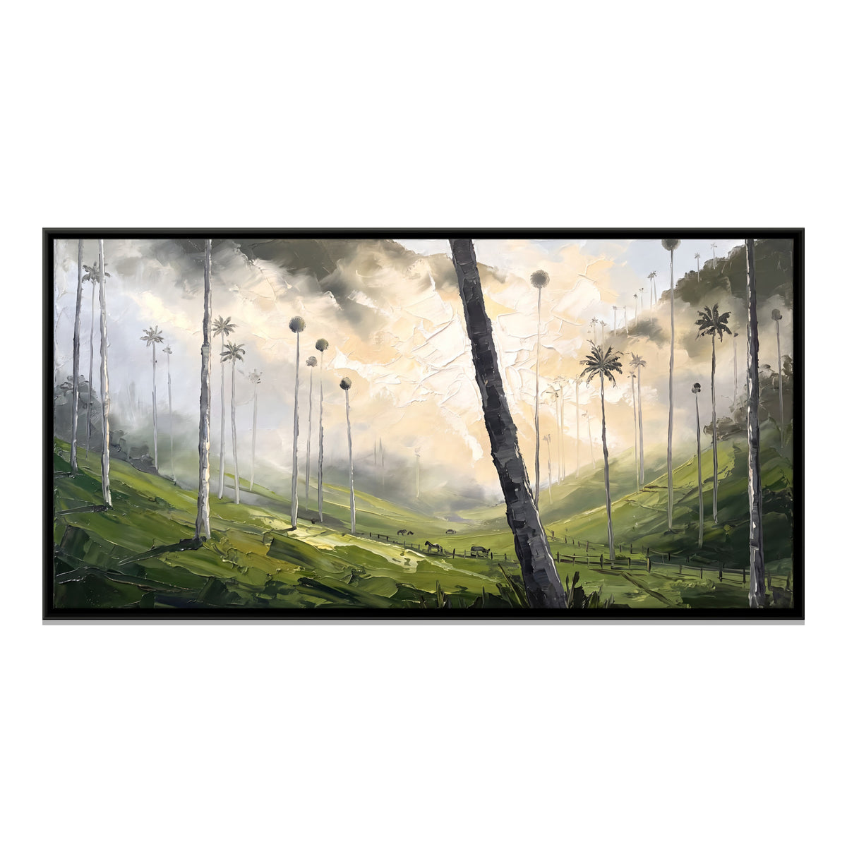 Towering Palms in a Misty Valley - framed canvas print, front view