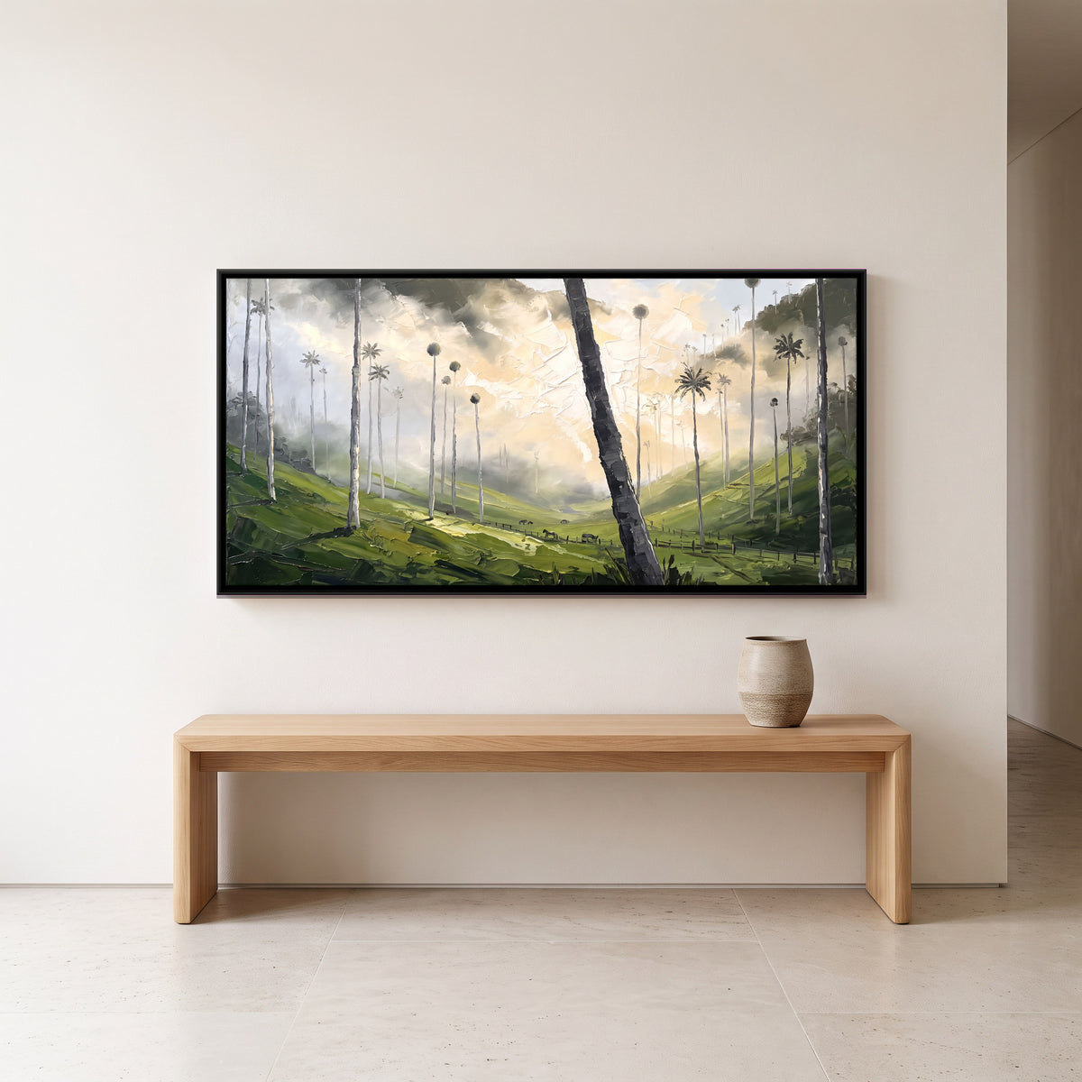 Towering Palms in a Misty Valley - canvas art shown in a second room setting