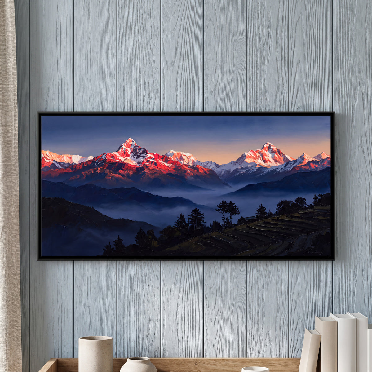 Himalayan Peaks at Dawn - framed canvas art hung on a wall