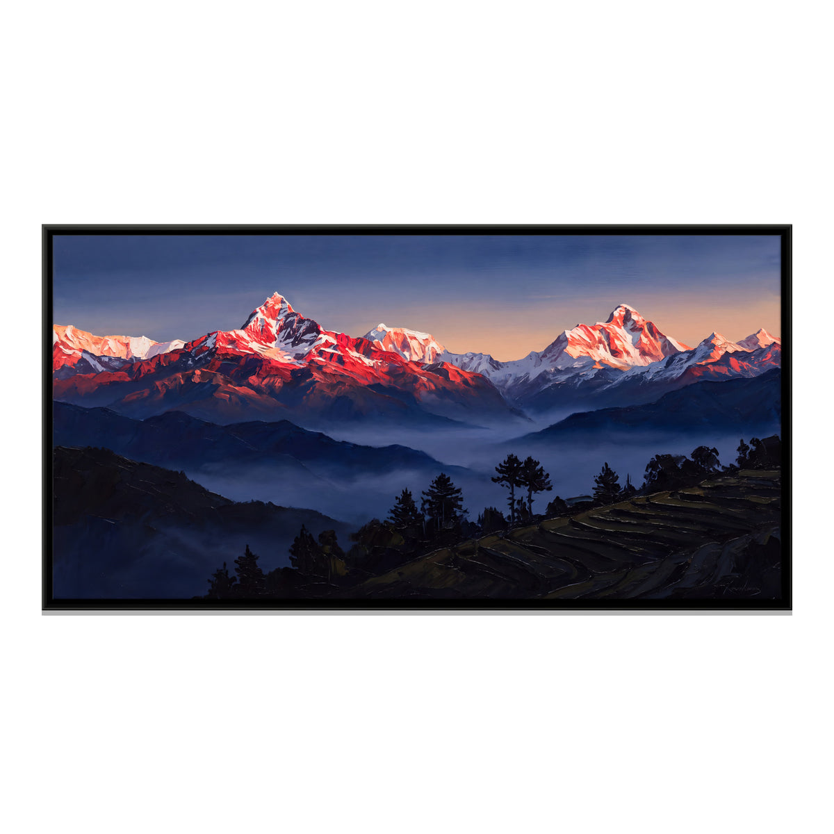 Himalayan Peaks at Dawn - framed canvas print, front view