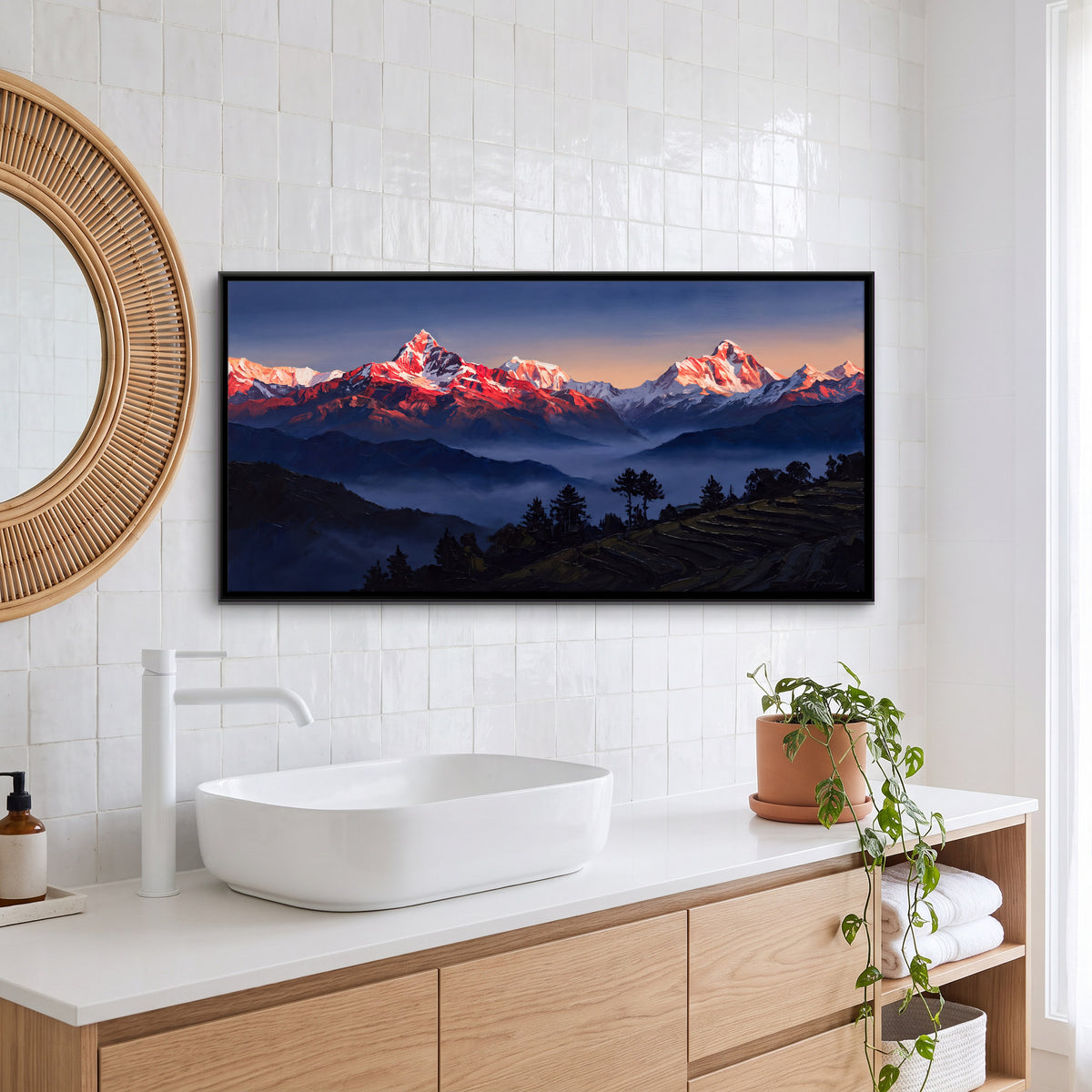 Himalayan Peaks at Dawn - canvas art shown in a styled room