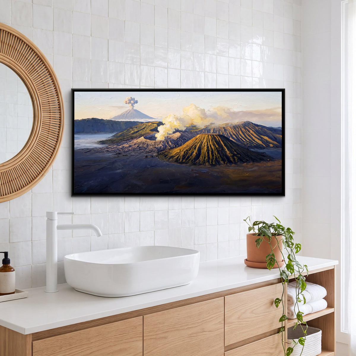 Smoking Volcanoes Above the Ash Plain - canvas art shown in a styled room