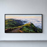 Small White Temple on a Green Ridge Above Clouds