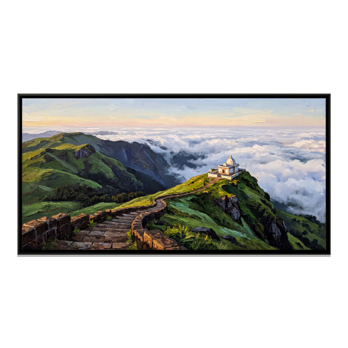Hilltop Temple Above the Clouds - framed canvas print, front view
